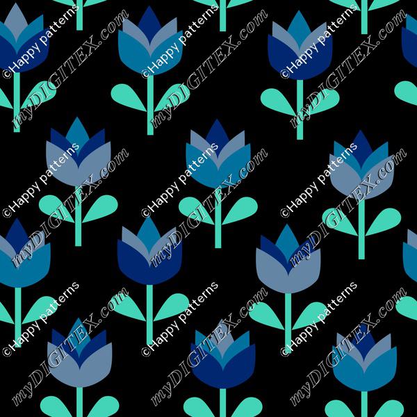 Blue florals on black, Tulips blue