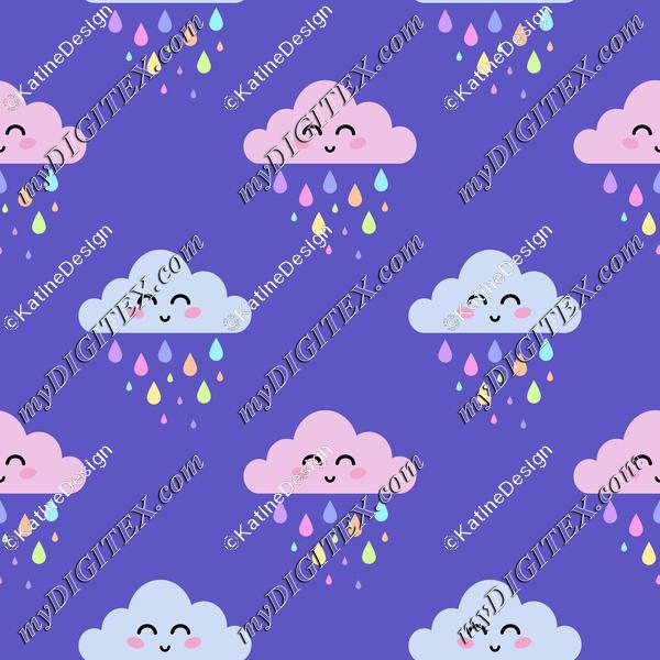 Pastel rainy clouds with rainbow raindrops on dark violet background