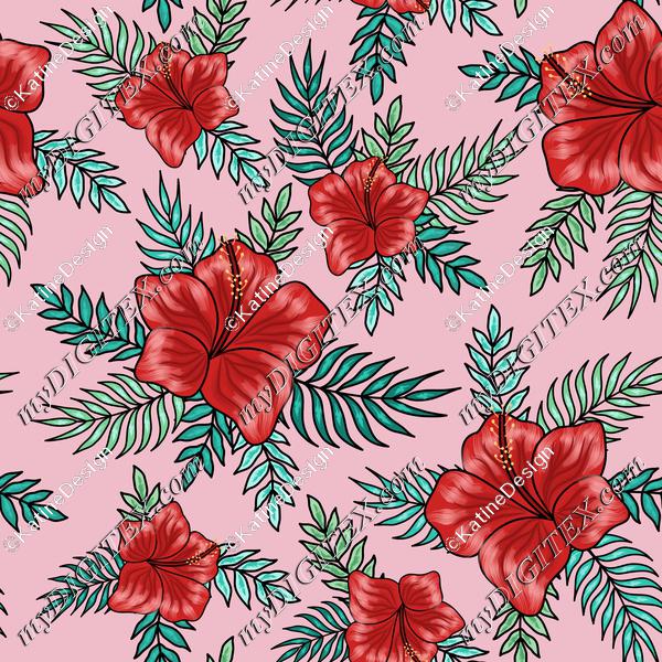Red hibiscus flowers with palm tree leaves on pink background. Floral fabric. Tropical textile