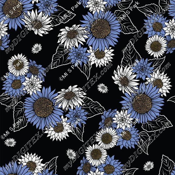 Seamless pattern with vintage hand drawn wildflowers and sunflower on  black background