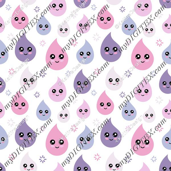 Cartoon drops with smiley for kids Pink and violet pastel raindrops. Kidswear fabric. Children textile