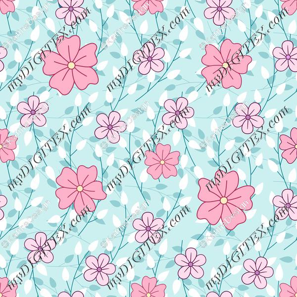 Leaves and pink flowers on mint background