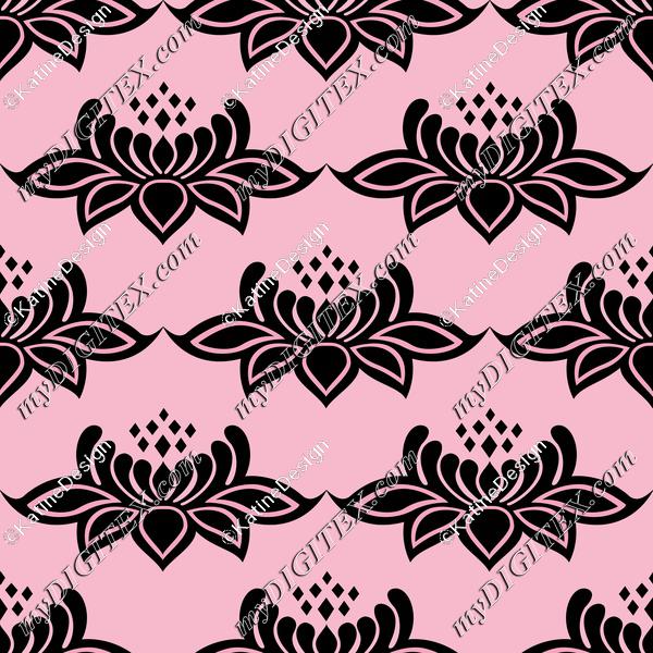 Lotus flowers lace damask. Black flowers on pink background. Victorian style