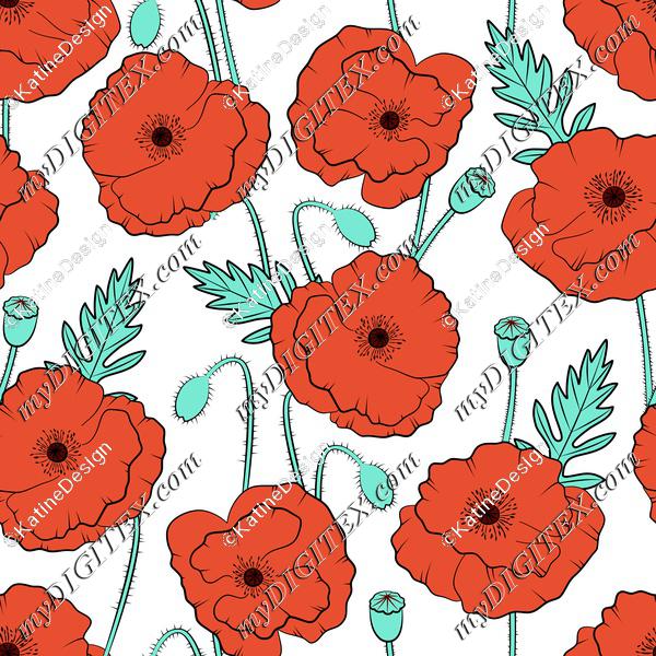 Poppy flowers on white background floral textile. Wildflowers fabric