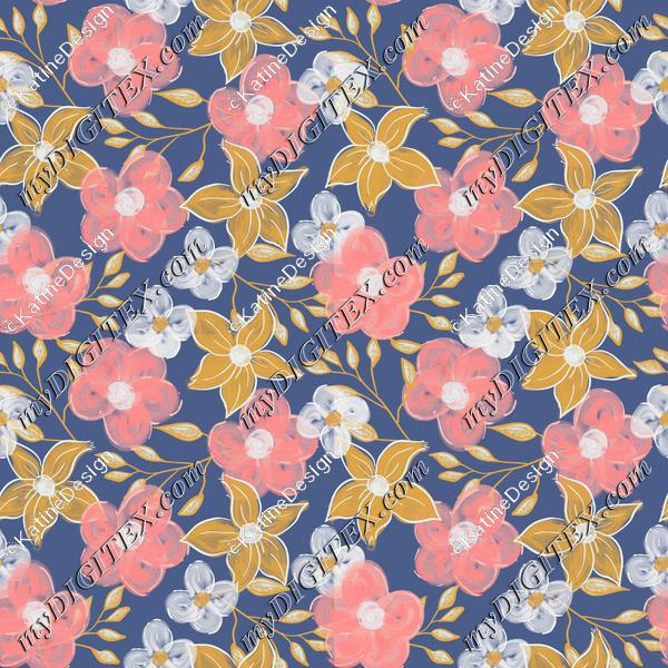 Abstract flowers pink yellow and white on navy blue background textile. Floral fabric