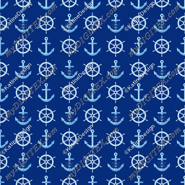Nautical pattern with steering wheel and anchors on navy blue background