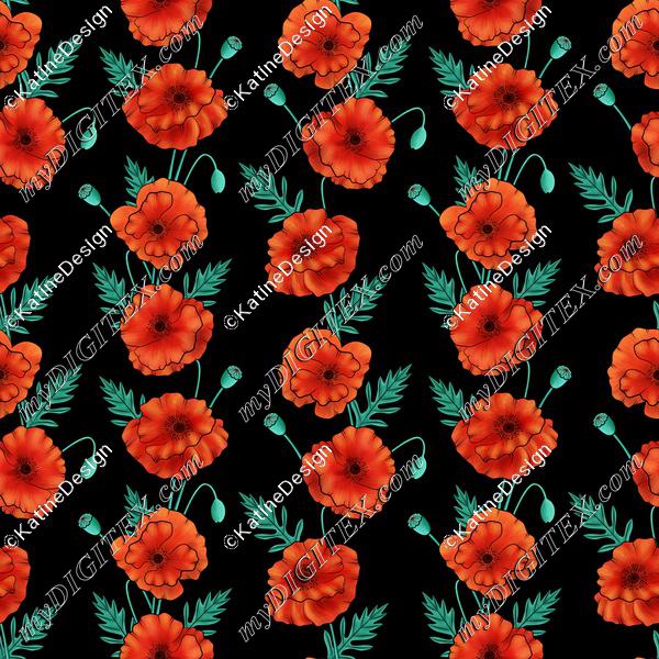 Poppy flowers stripes on black background textile. Wildflowers fabric