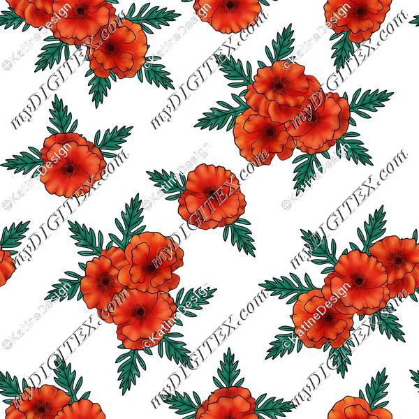 Poppy flower bouquet on white textile. Wildflowers fabric