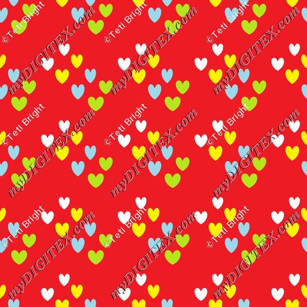 Colorful hearts on red