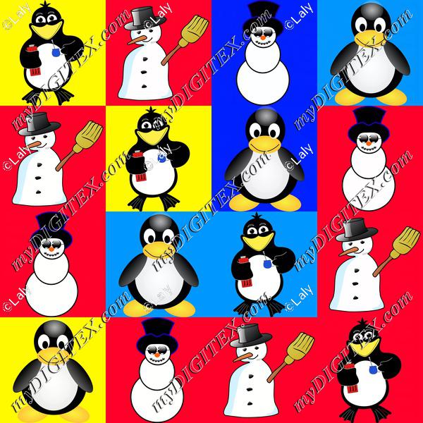 Penguins and snowman colorful pattern