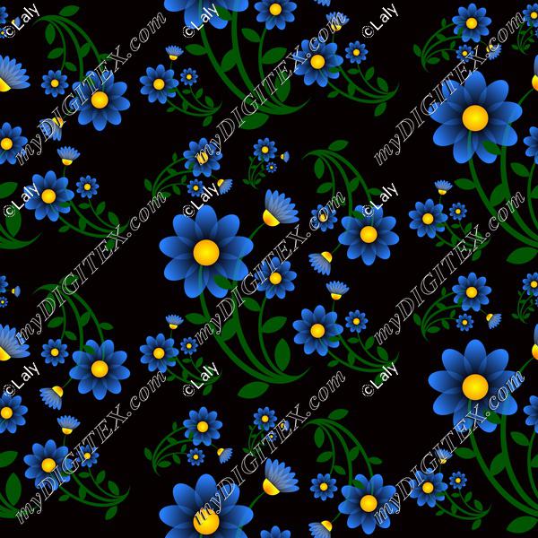 Blue flowers on a black background pattern