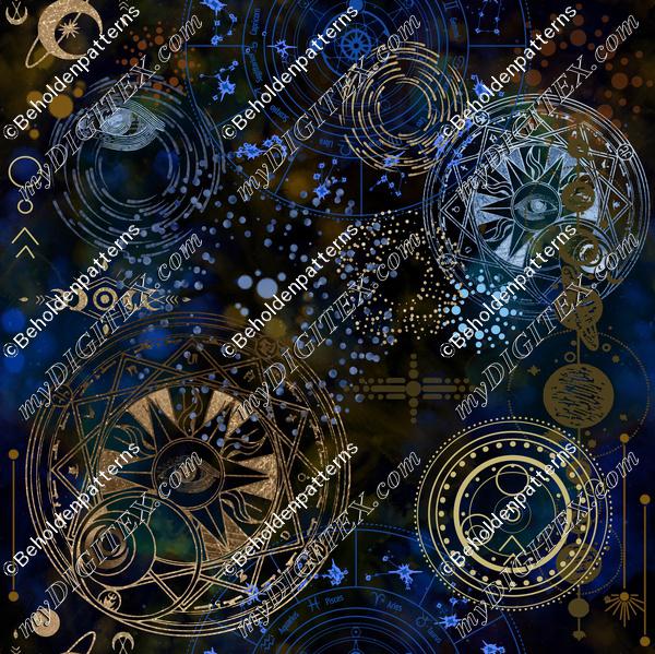 Zodiac cosmic starchart in black, blue and gold