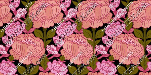 Retro-medalion-mirror-flower-growing-Pink, peach and greens on black background