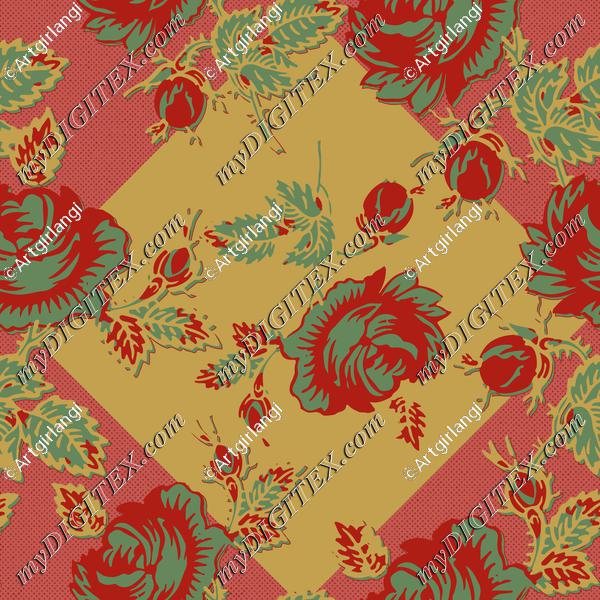 Roses Block Print Dots Retro 30's Red Pink Gold Green