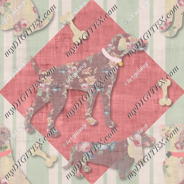 Floral Dogs Green Stripe Checker Pink