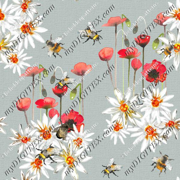 Bumblebees, poppys and daisys space -Dust Blue Grey