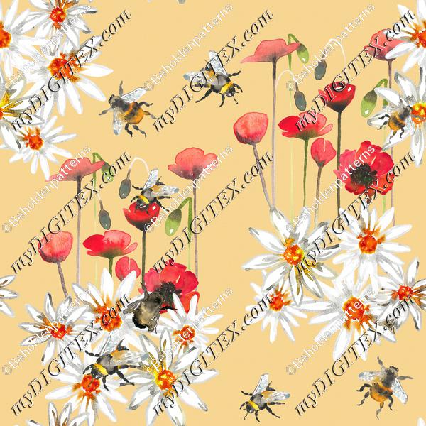 Bumblebees, poppys and daisys space-Light yellow