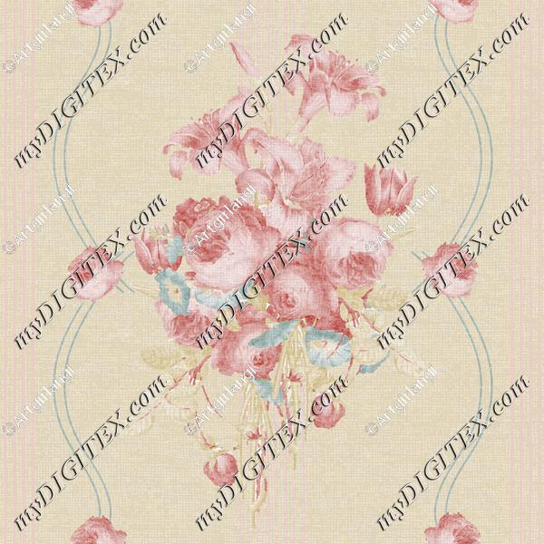 Antique Traditional Floral Stripes Pink Teal Cream Stripe