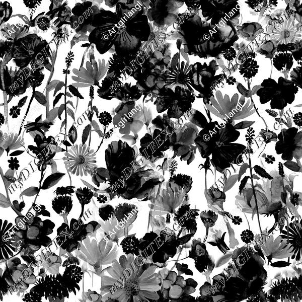 Watercolor Wildflowers Bees High Contract Black and White 2_230512_DUUG