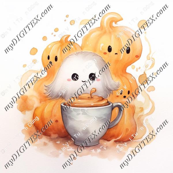 a-watercolor-painting-of-a-white-dog-with-a-cup-of-coffee-in-front-of-pumpkins_447899-17852
