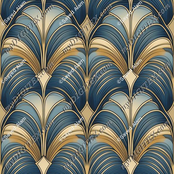 Seamless Pattern Art Deco Style, Dust Blue and Gold,