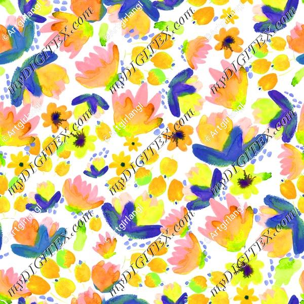 Bright Watercolor Floral Yellow Indigo