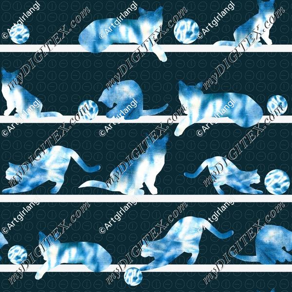 Cats Playing Blue Indigo Tie Dye Shibori