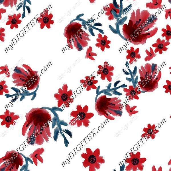 Oriental Inspired Watercolor Floral Red Flowers Gray