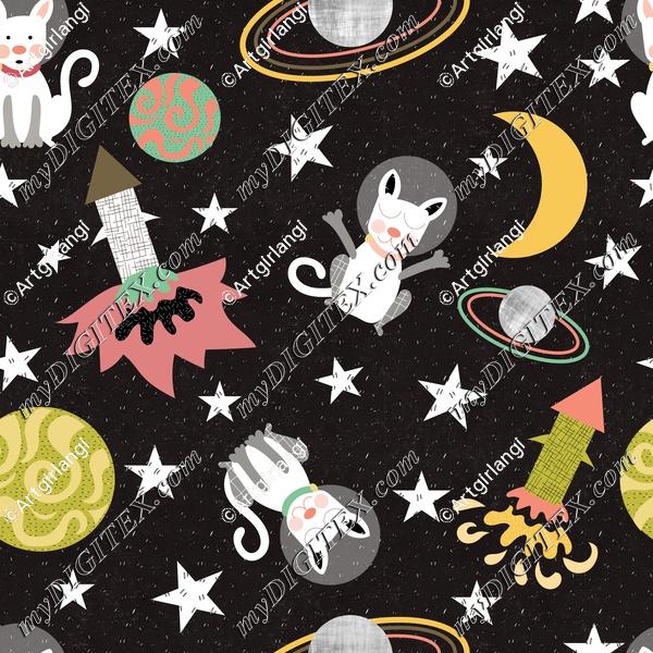 Cats in Space Cartoon Kids Fun Moon Stars Astronaut