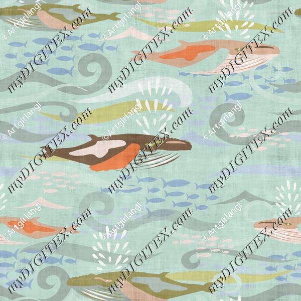 Whales Ocean Fish Texture Greens Peach Blue Calming