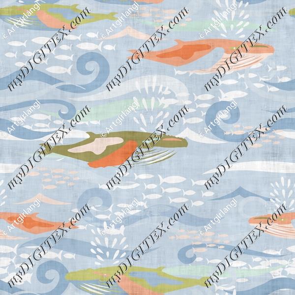 Whales Ocean Fish Texture Greens Peach Blue Calming