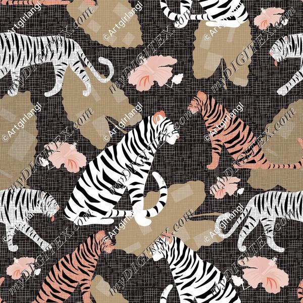 Tigers Jungle Floral Peach White Brown Black