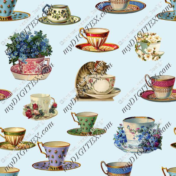 Vintage Tea And Cat Pattern