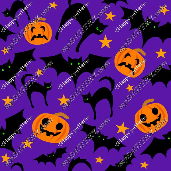 Halloween pattern pumpkins, pats and cats on purple