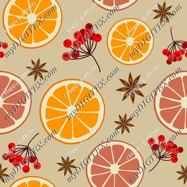 Winter Christmas Pattern with Oranges and Berries on Natural