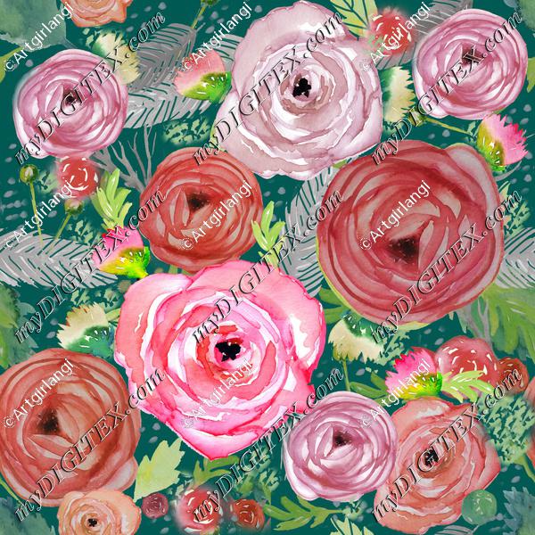 Beautiful Watercolor Floral Pinks Teal BG