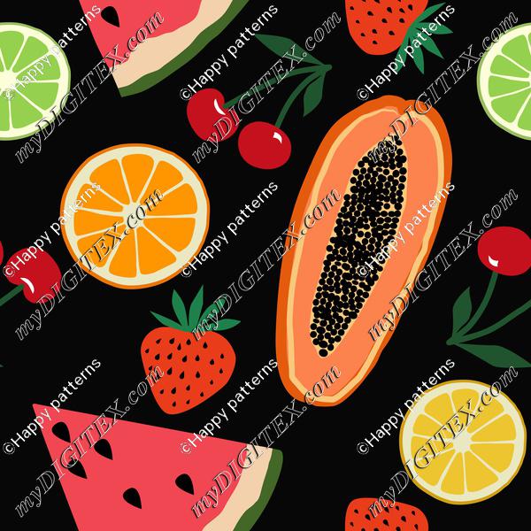 Fruits, papaya, strawberry, cherry, orange, lemon, watermelon on black