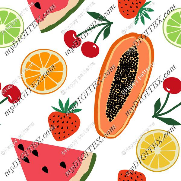 Fruits, papaya, strawberry, cherry, orange, lemon, watermelon on white