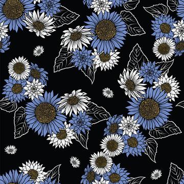 Seamless pattern with vintage hand drawn wildflowers and sunflower on  black background