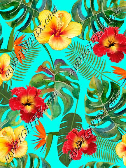 Tropical Leaves and Flowers on blue