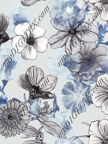 Line drawn gray tones hand drawn Photoreal blue tones floral