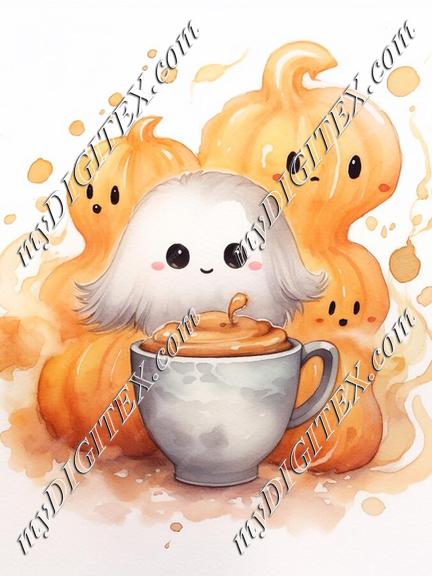 a-watercolor-painting-of-a-white-dog-with-a-cup-of-coffee-in-front-of-pumpkins_447899-17852