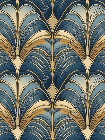 Seamless Pattern Art Deco Style, Dust Blue and Gold,