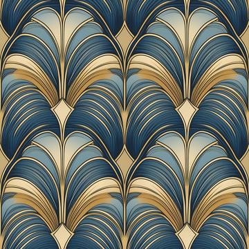 Seamless Pattern Art Deco Style, Dust Blue and Gold,