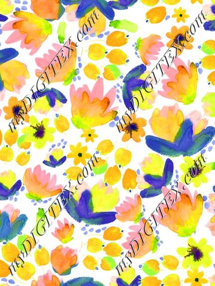 Bright Watercolor Floral Yellow Indigo