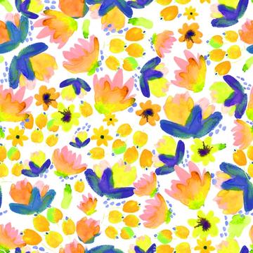 Bright Watercolor Floral Yellow Indigo