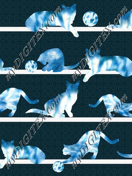 Cats Playing Blue Indigo Tie Dye Shibori