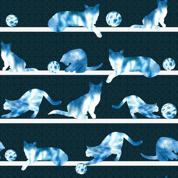 Cats Playing Blue Indigo Tie Dye Shibori