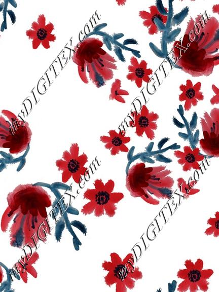 Oriental Inspired Watercolor Floral Red Flowers Gray