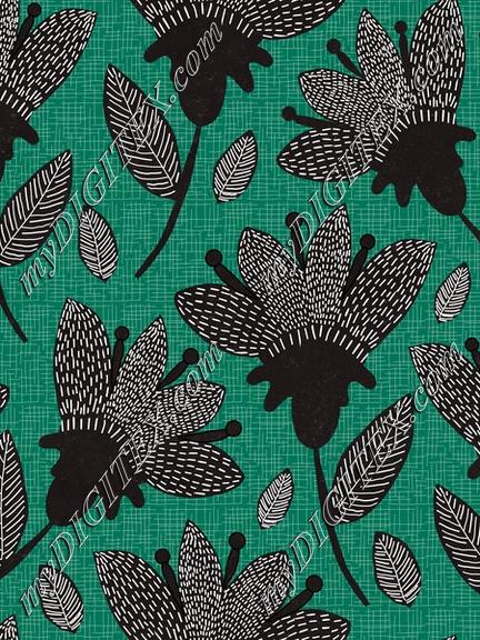 Large Abstract Textured Floral Green Black